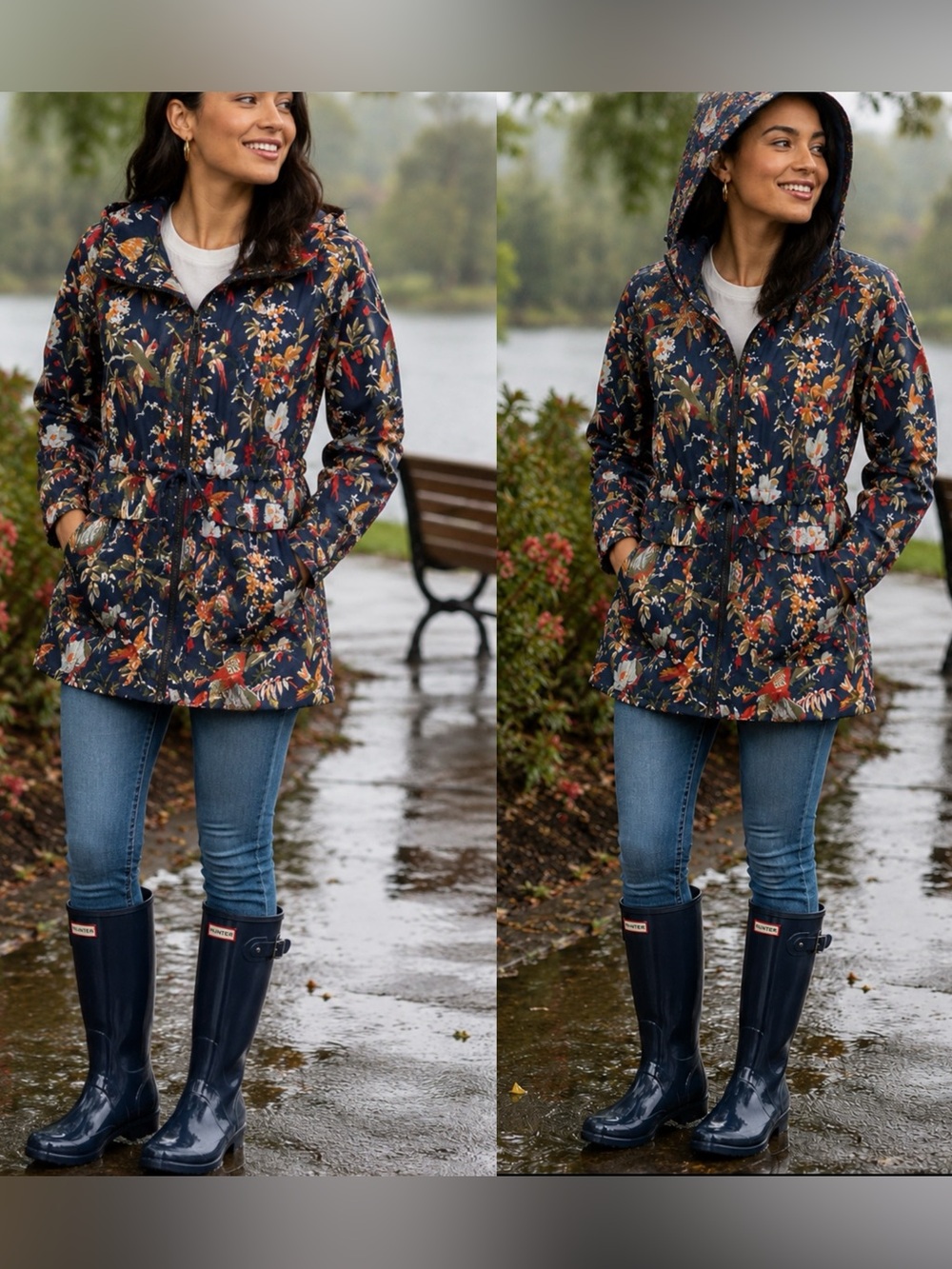 Columbia Nocturnal Birds & Branches Rain Jacket Navy Floral Bird Print Size Sm